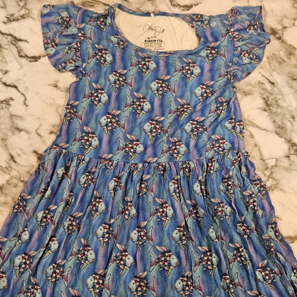 Ollee &‎ Belle Bamboo Rainbow Fish Dress Girls Size 12/14 Blue Short Sleeve